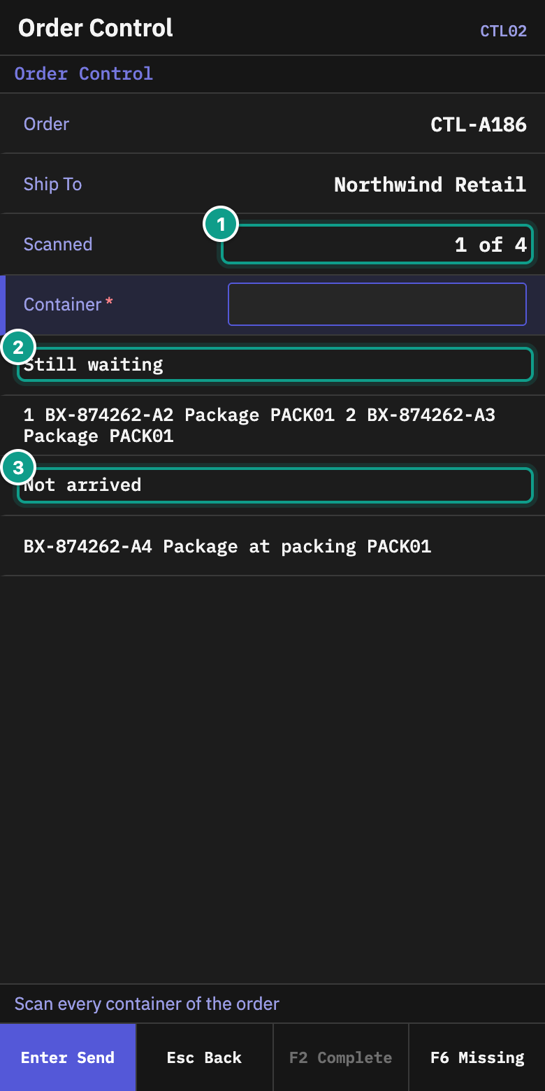 CTL02 Order Control showing Scanned, Still waiting and Not arrived