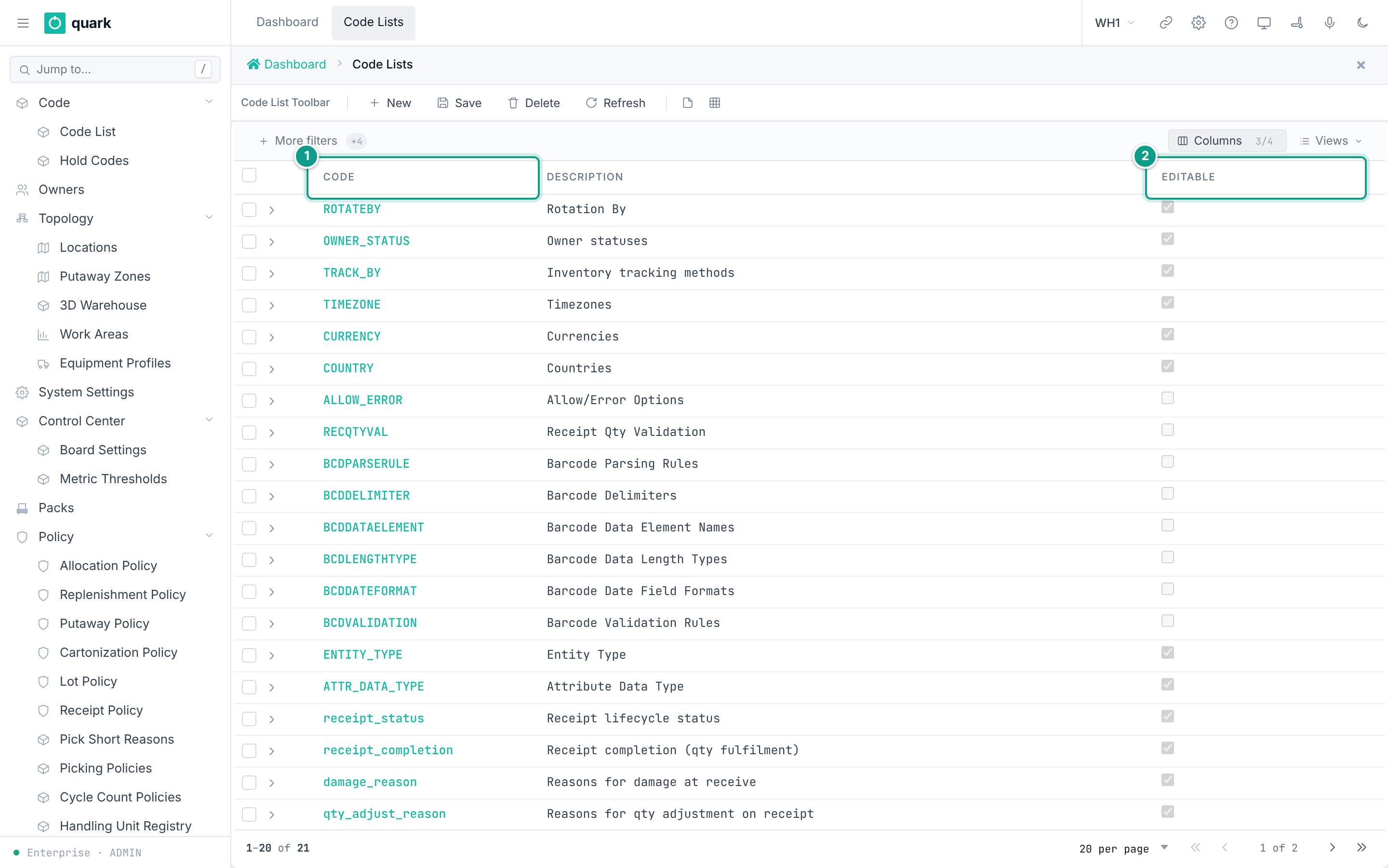 Code Lists page with 20 of 21 lists
