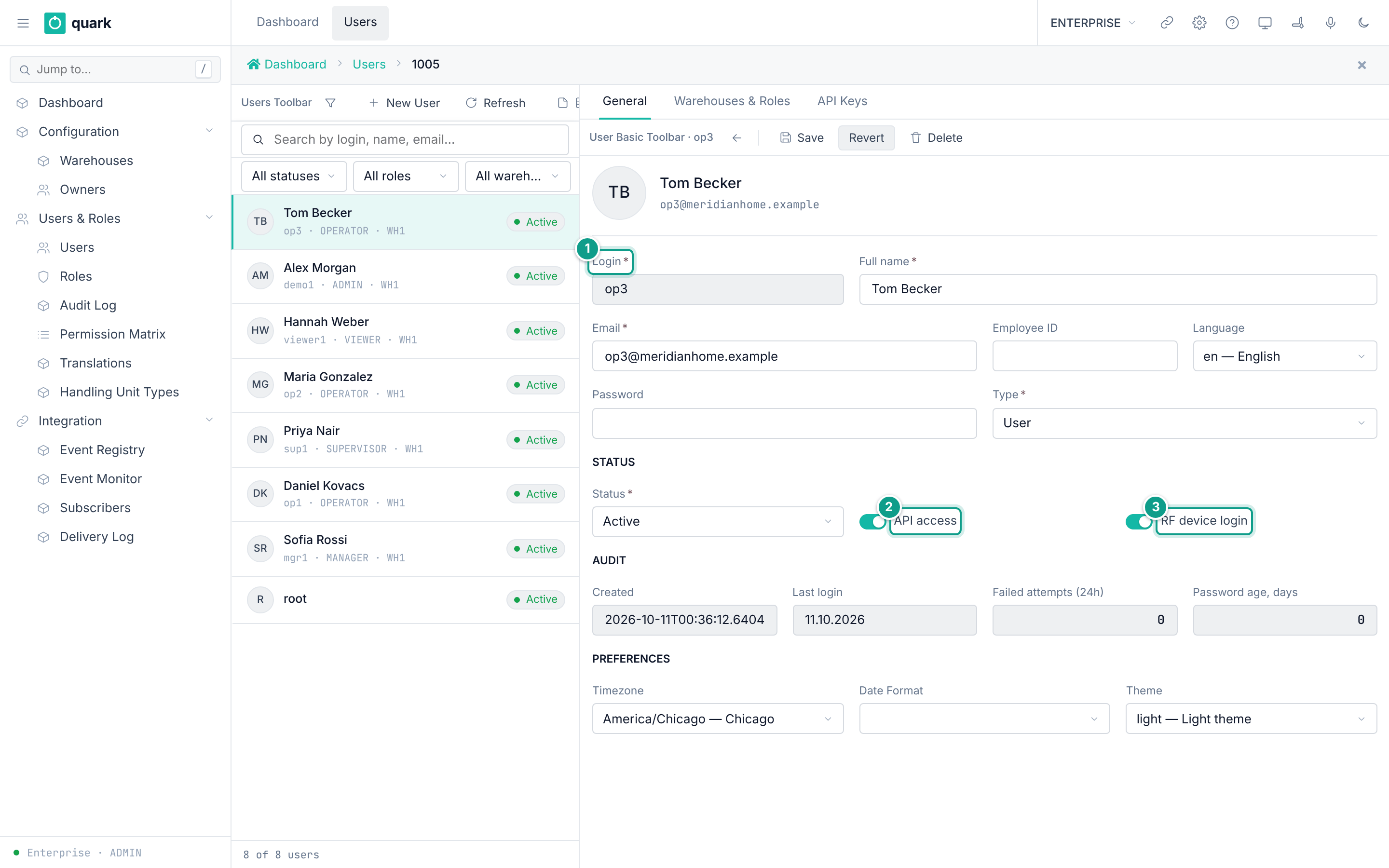 User form, General tab, for user demo1