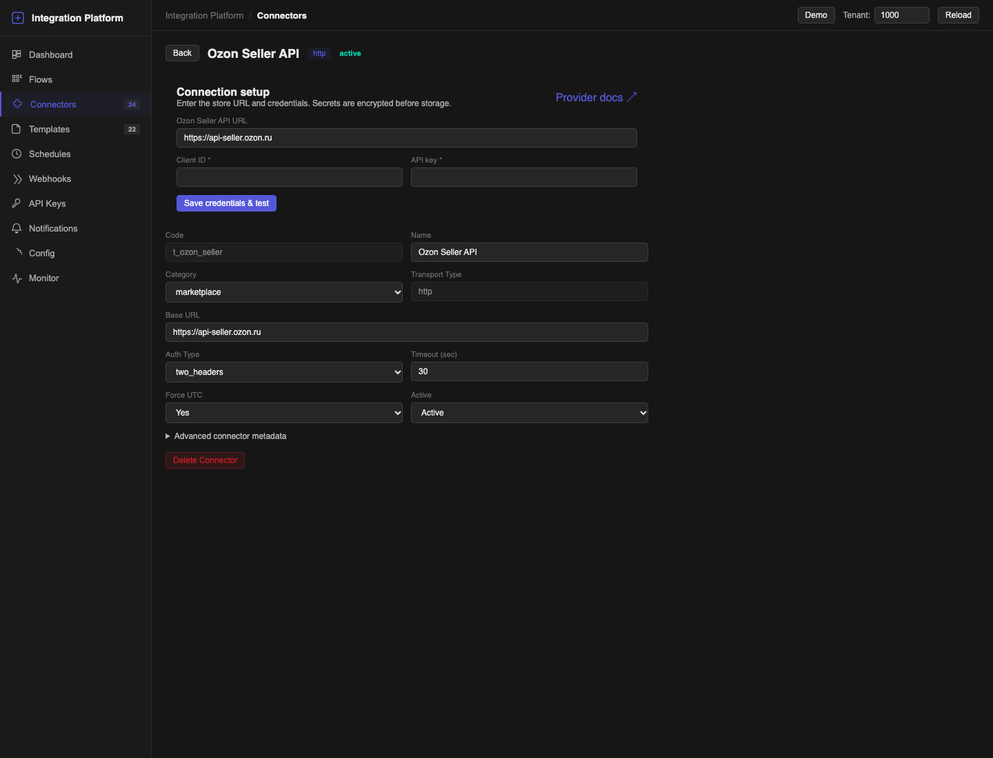 Connector connection setup with the base URL, credential fields and Save credentials and test button