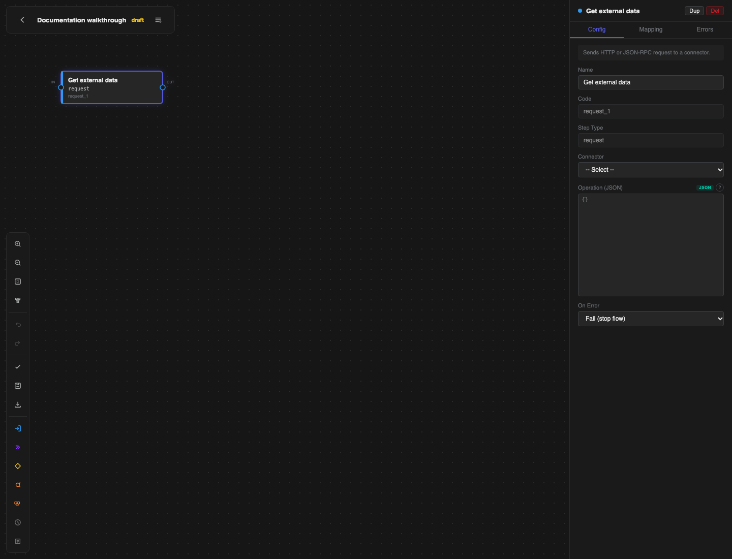 Flow Builder with the step palette, graph, selected step inspector and validation controls
