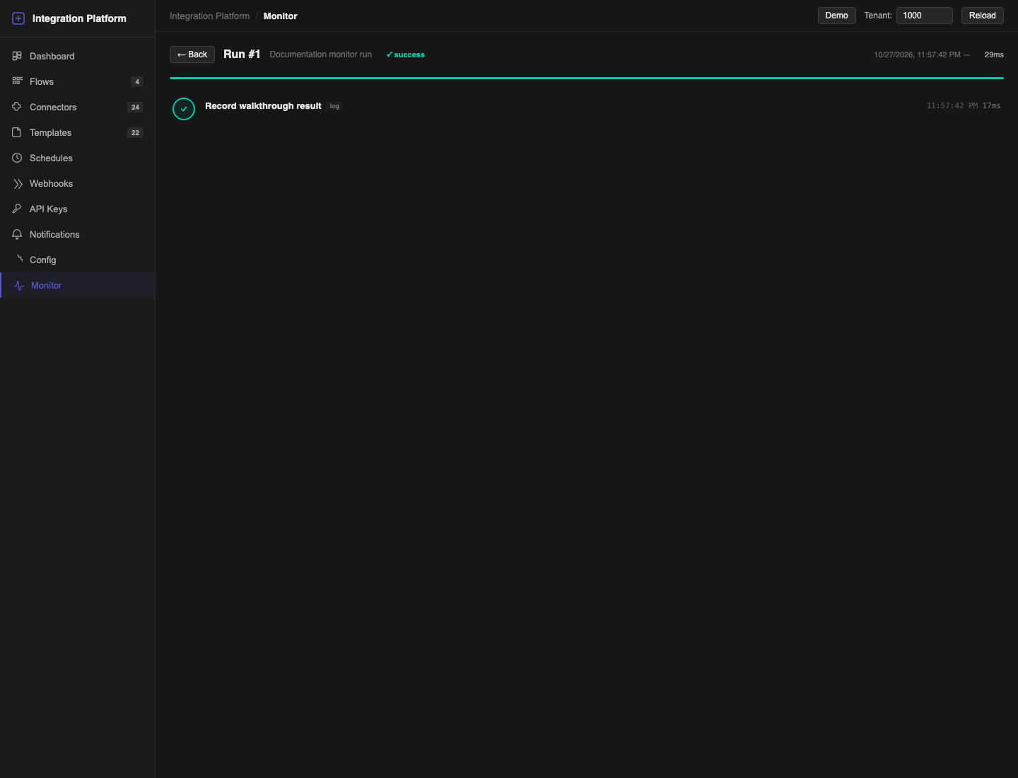Monitor run details with a successful result, duration and step timeline