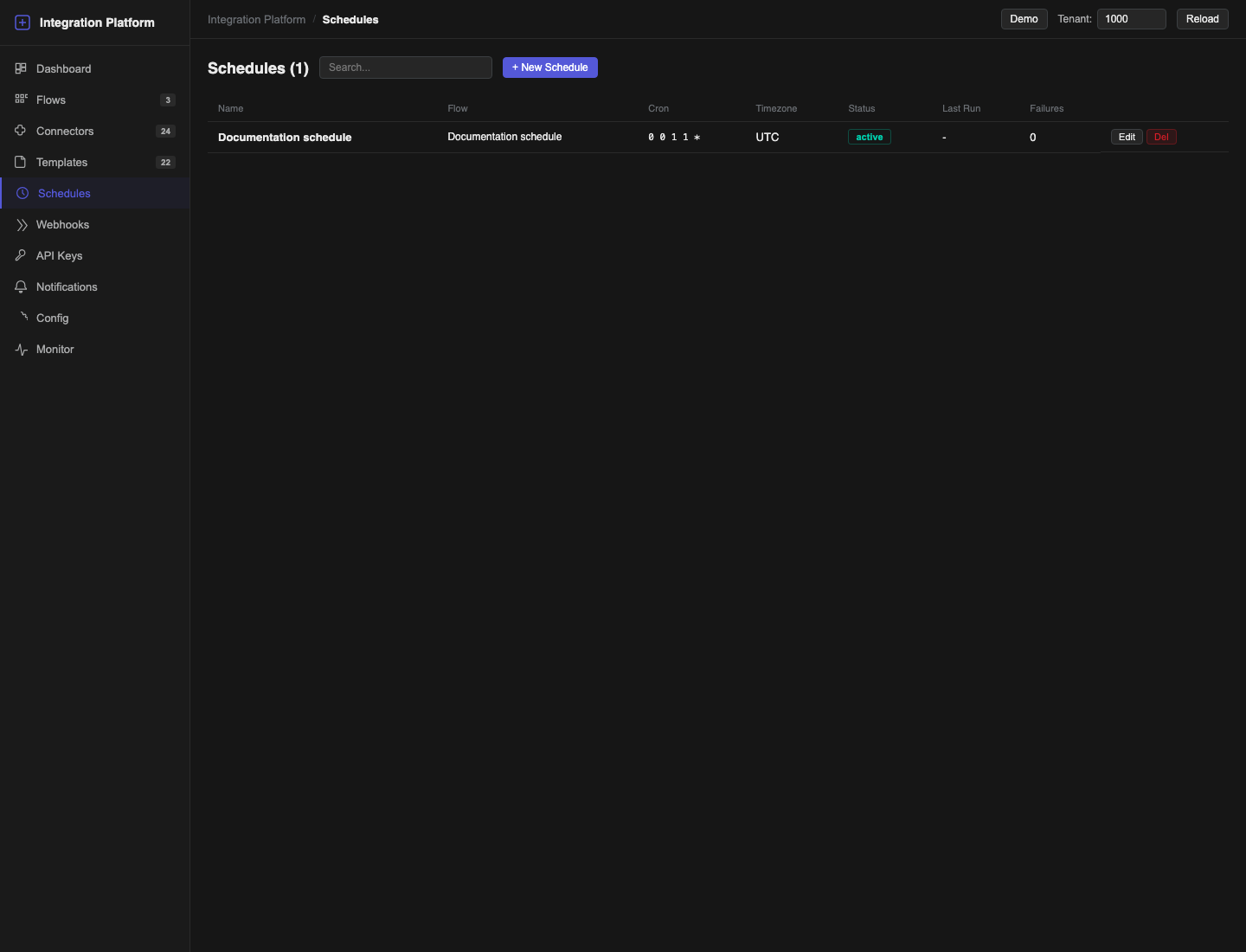 Schedules list with a flow, cron expression, timezone, status and failure count