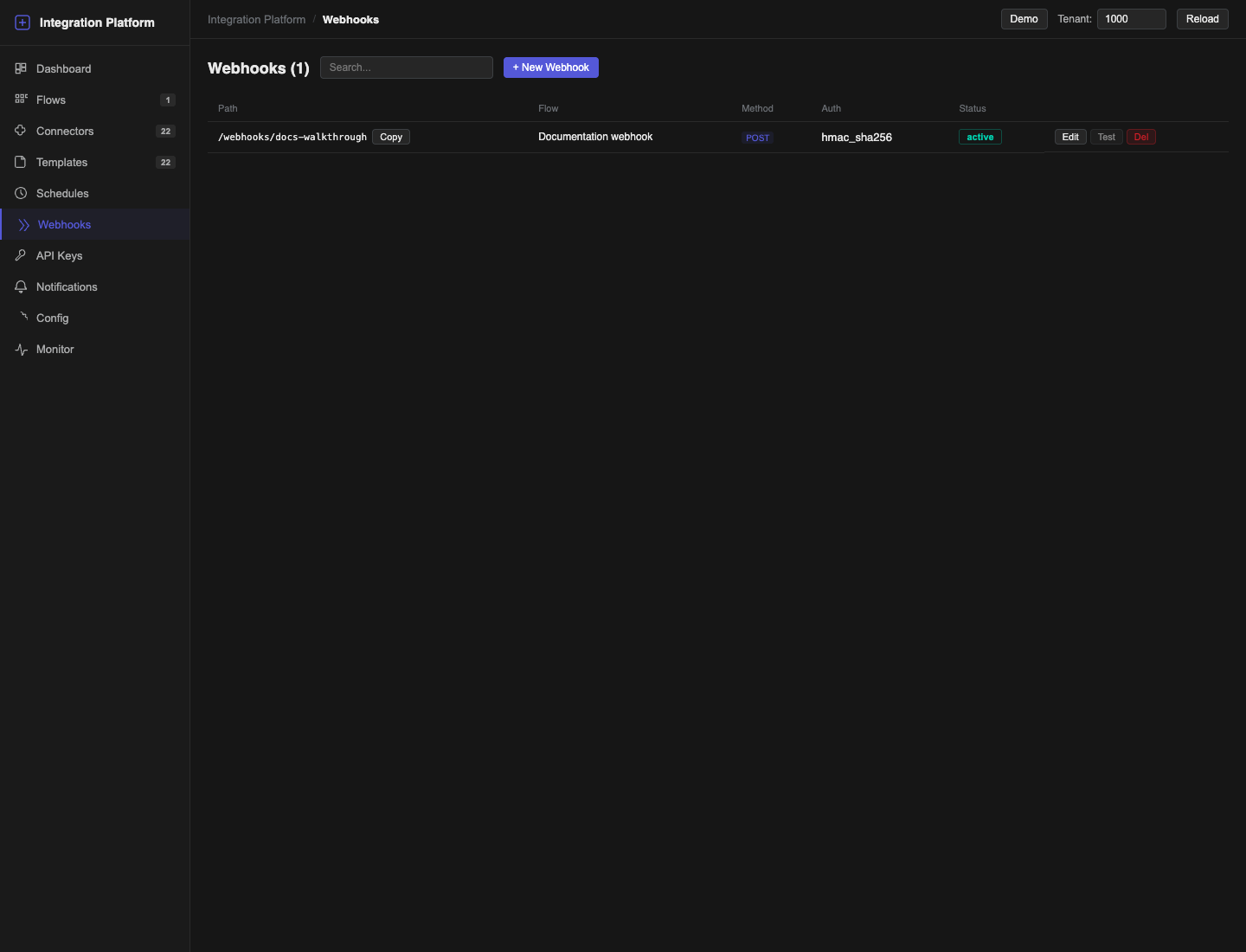 Webhooks list with path, flow, method, authentication, status and Copy action