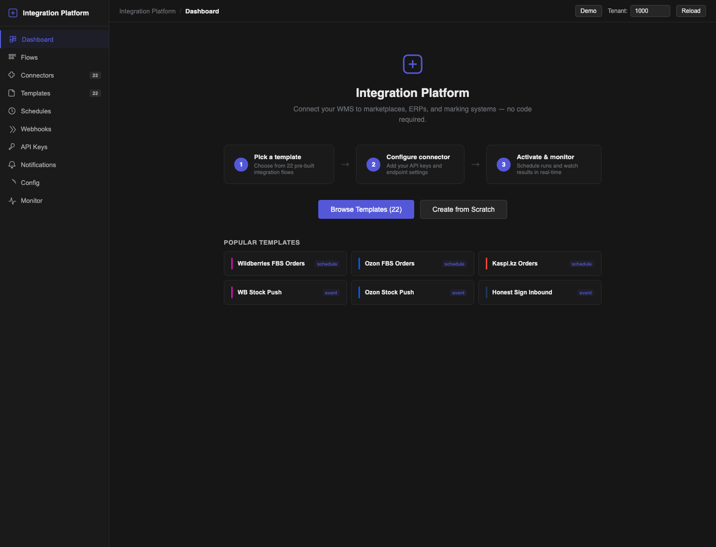 Integration Platform welcome page with the three getting-started steps and template actions