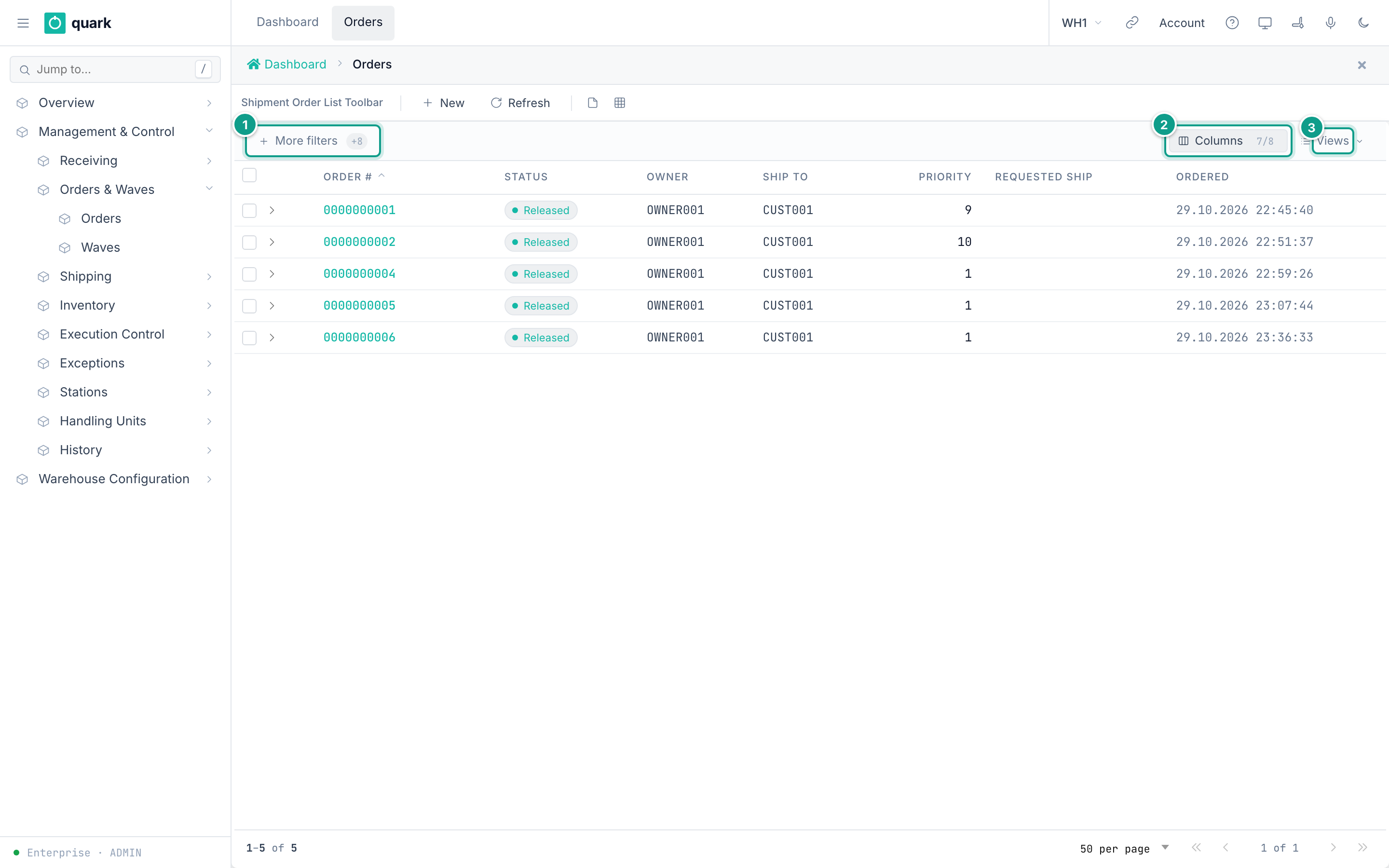 Orders list with filters, columns and saved views