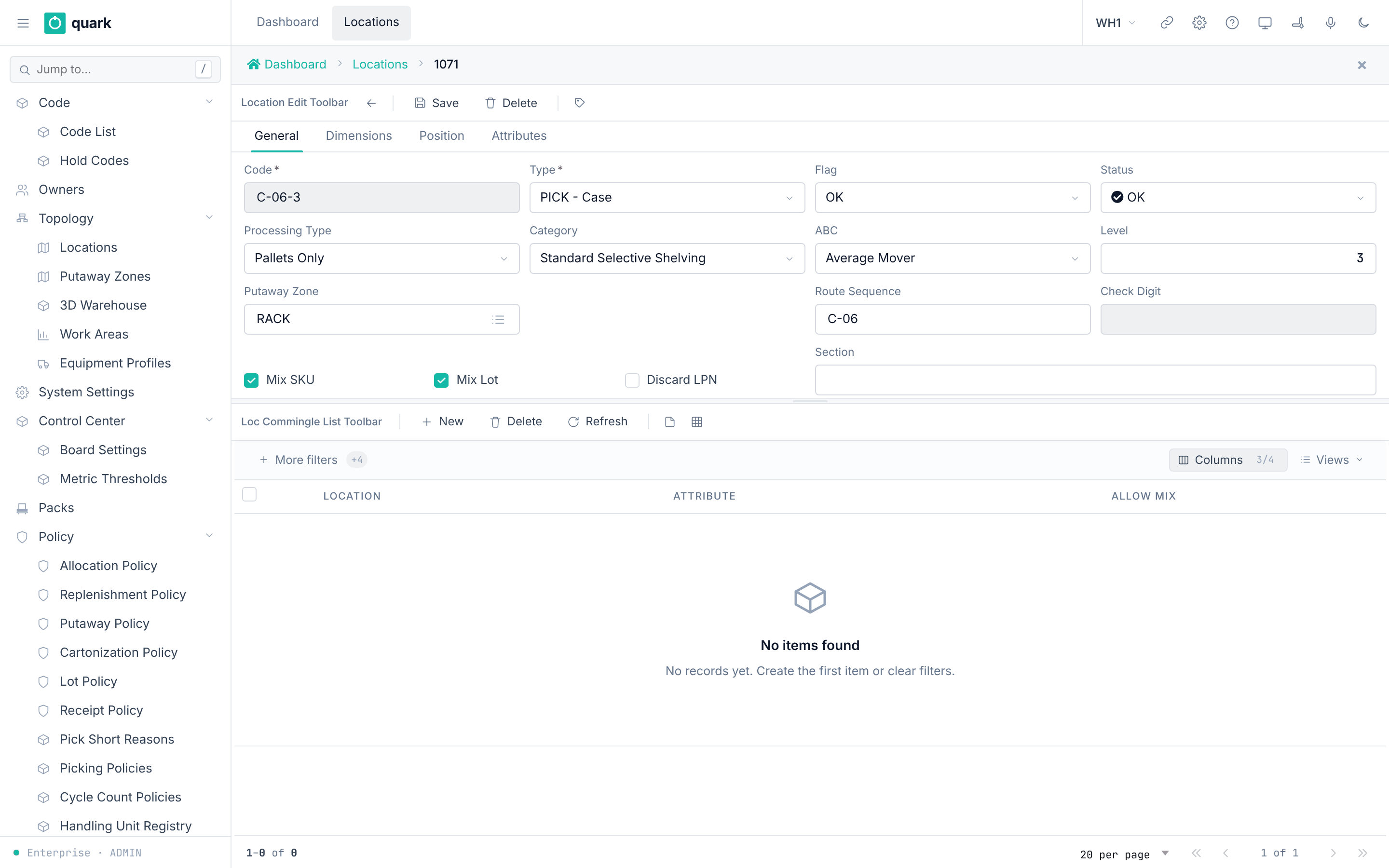 Location edit form, General tab, for location C-06-3