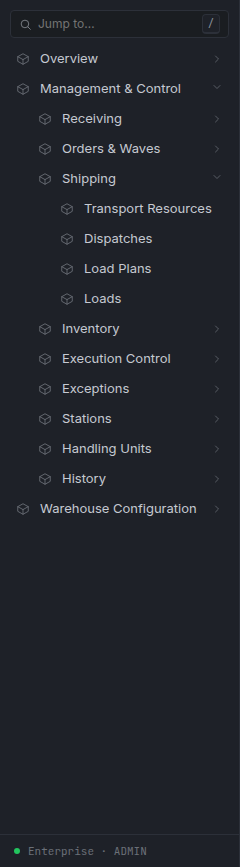 Warehouse sidebar with Management and Control and Shipping expanded