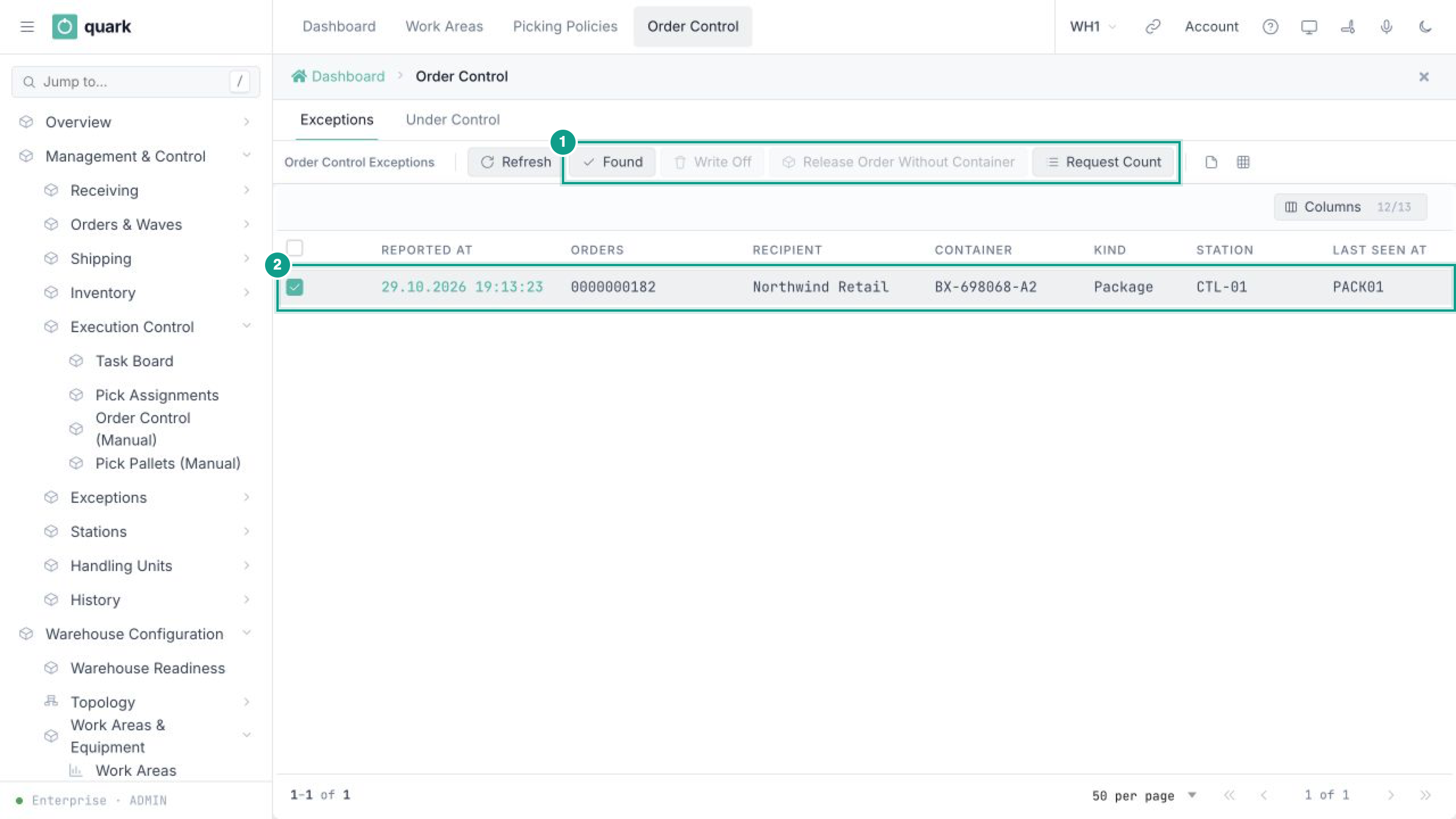 Order Control Exceptions tab with the four supervisor actions