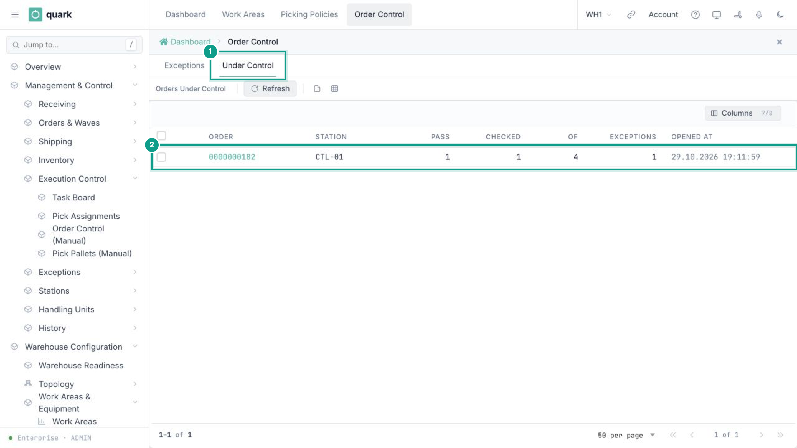 Order Control Under Control tab showing open order checks