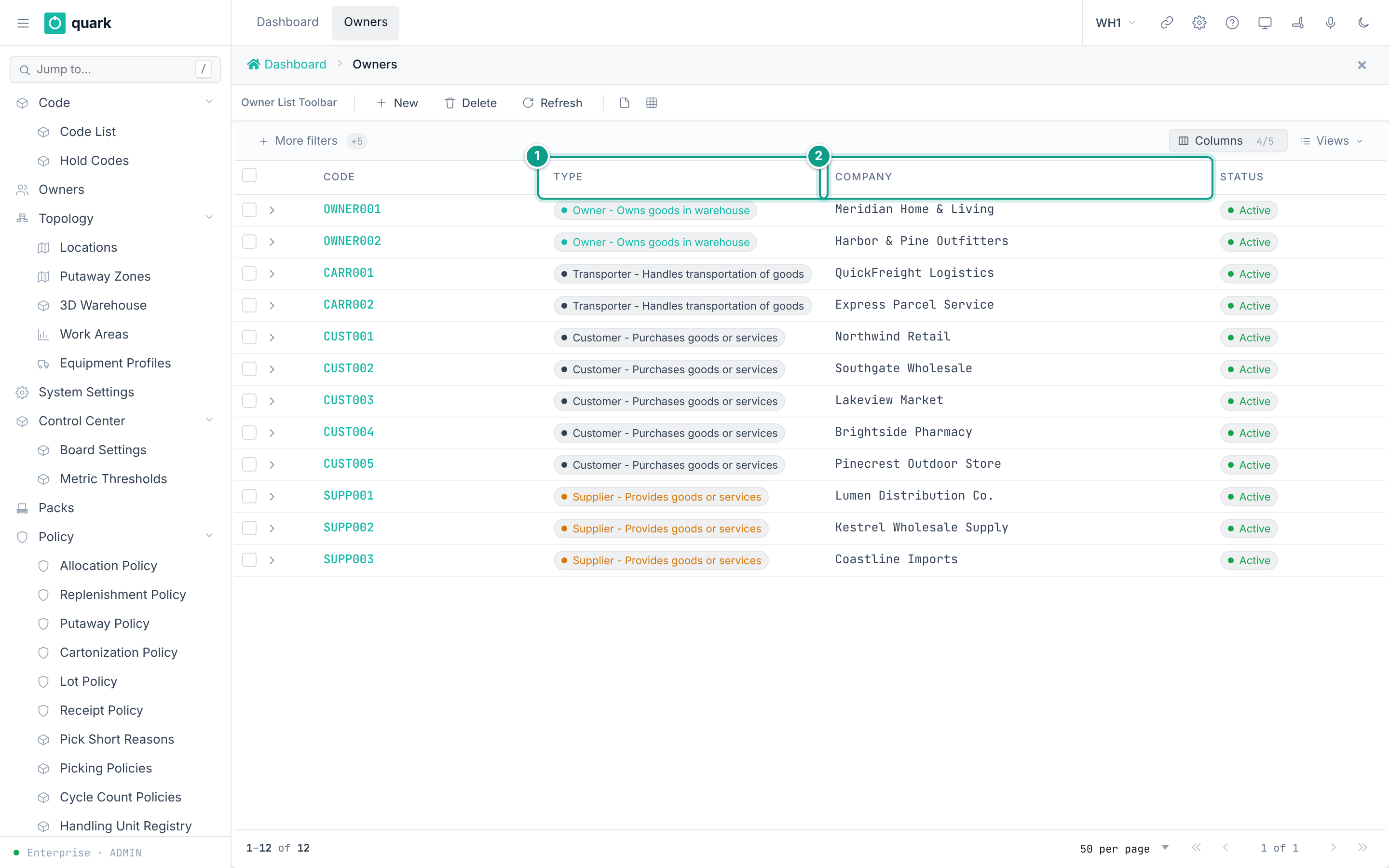 Owners list with owners, suppliers, transporters and customers