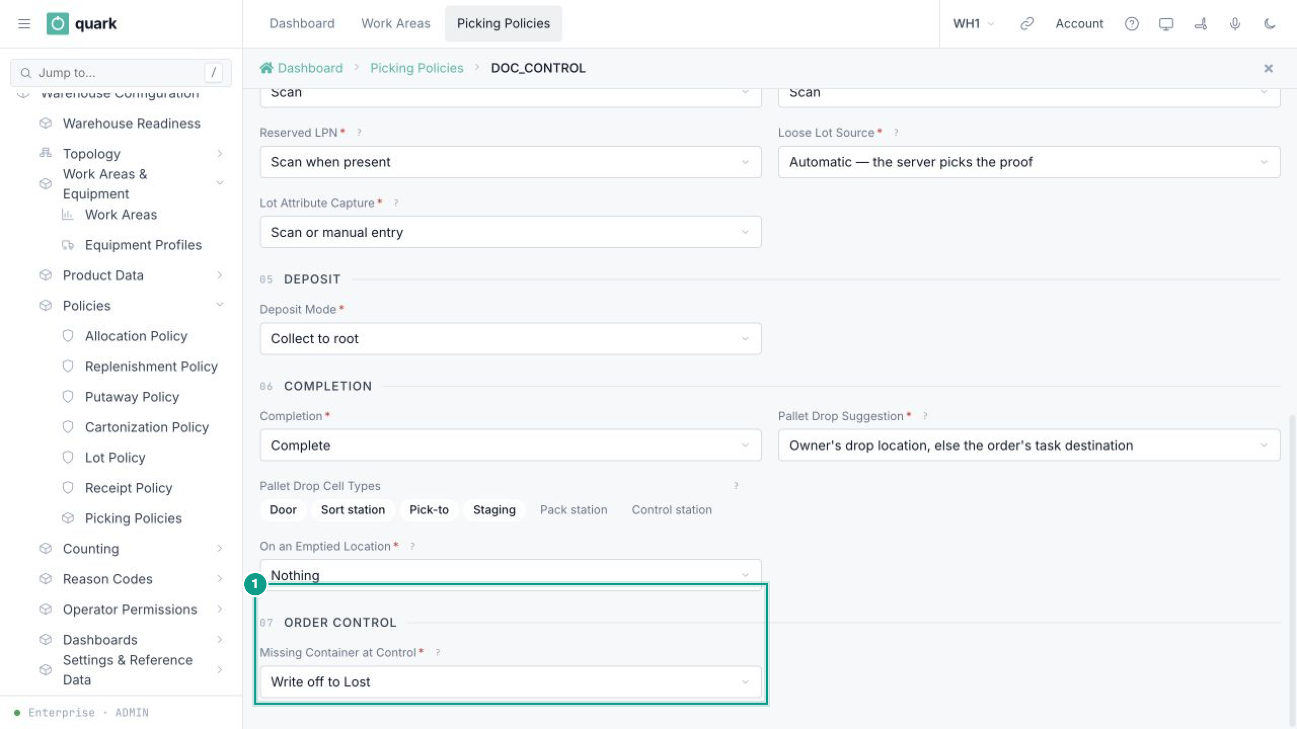 Picking policy Order Control section with Missing Container at Control