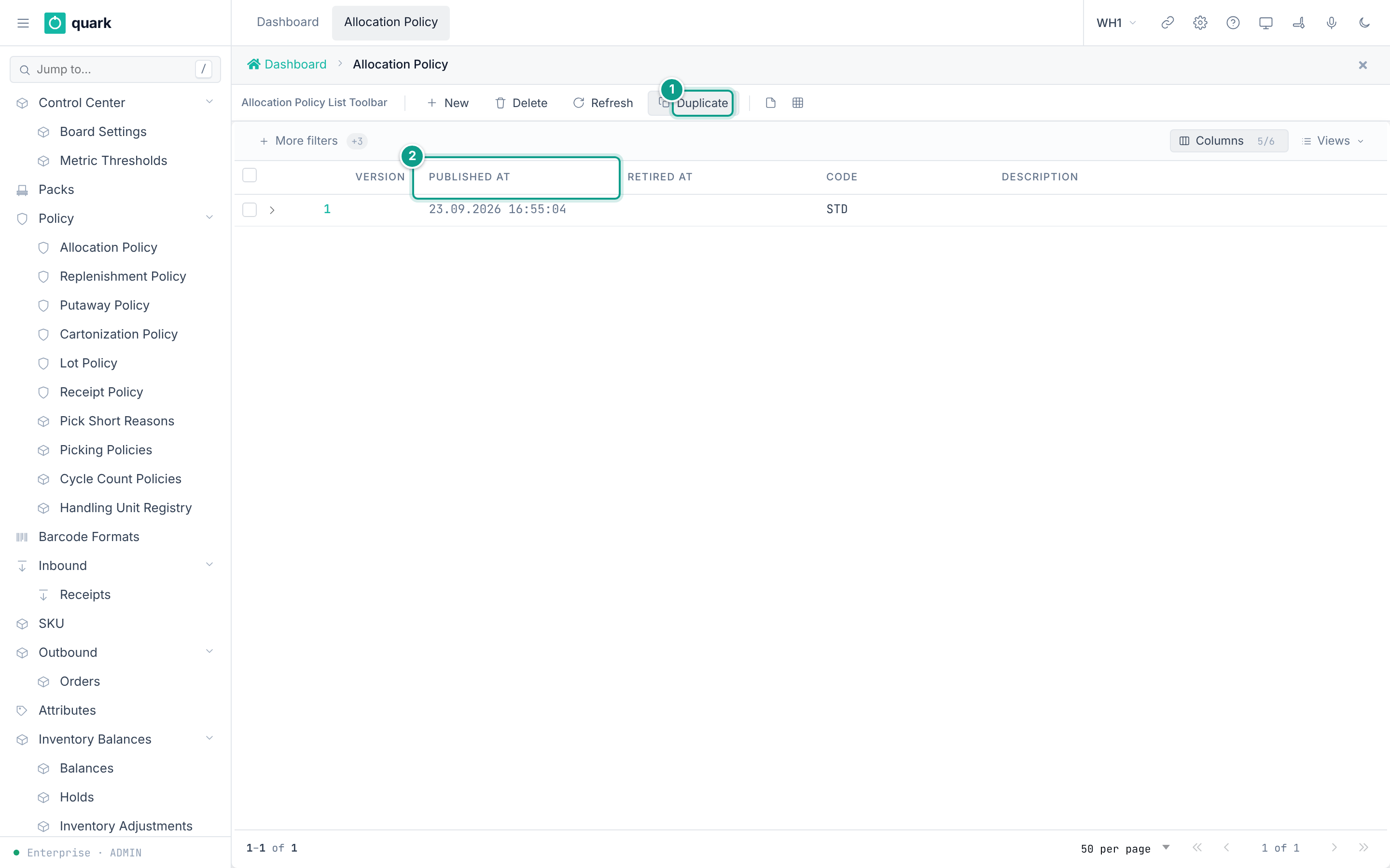 Allocation Policy list with one policy, STD, version 1