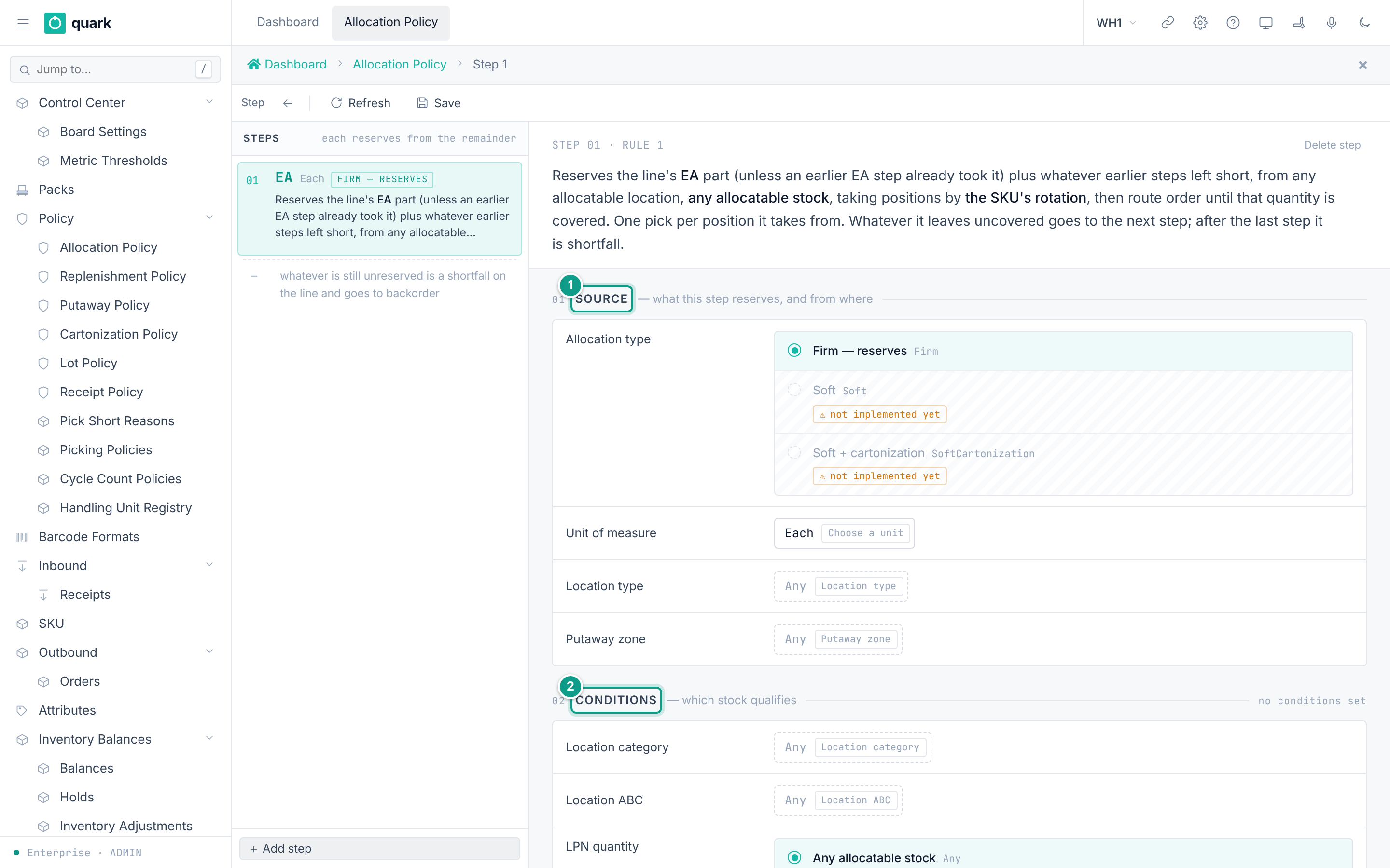 Allocation policy step editor with step 01, Each, Firm - reserves