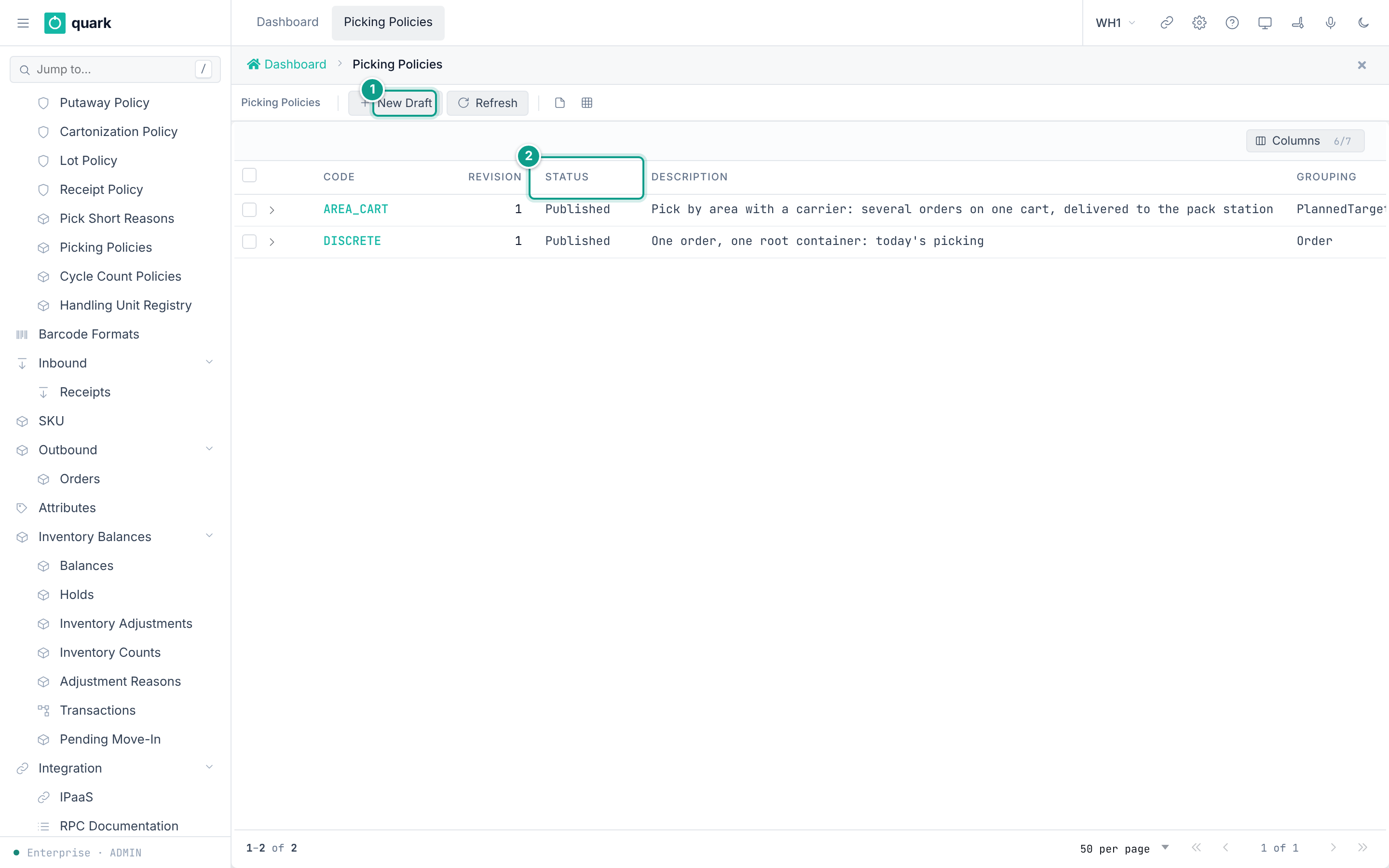 Picking Policies list with one policy, DISCRETE