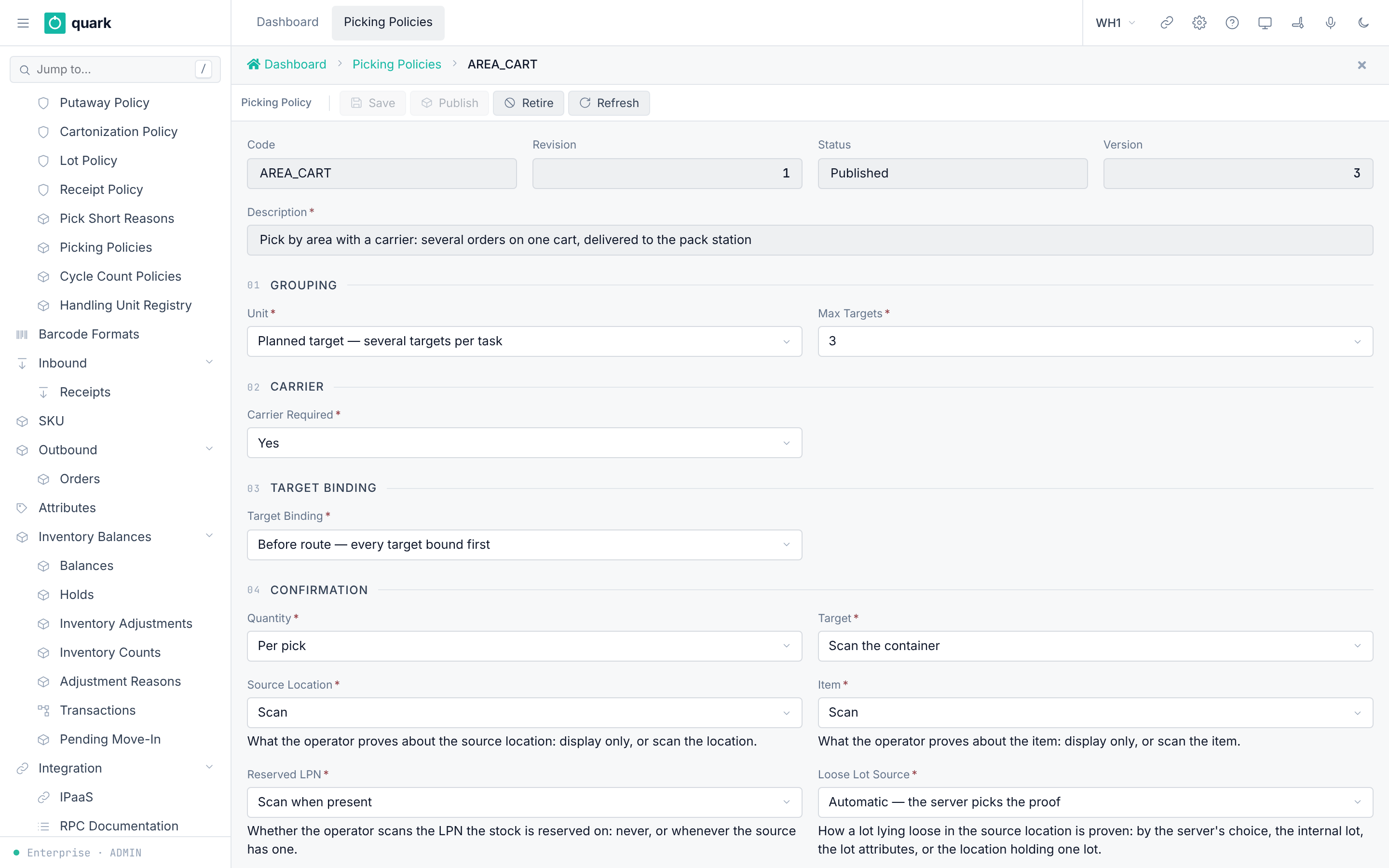 Picking policy form for DISCRETE with grouping, carrier and confirmation settings