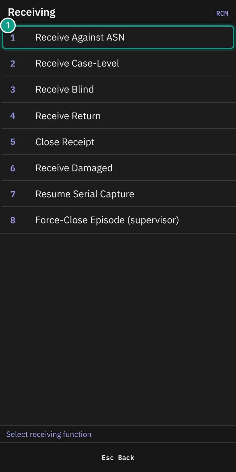 RF Receiving menu with eight numbered functions