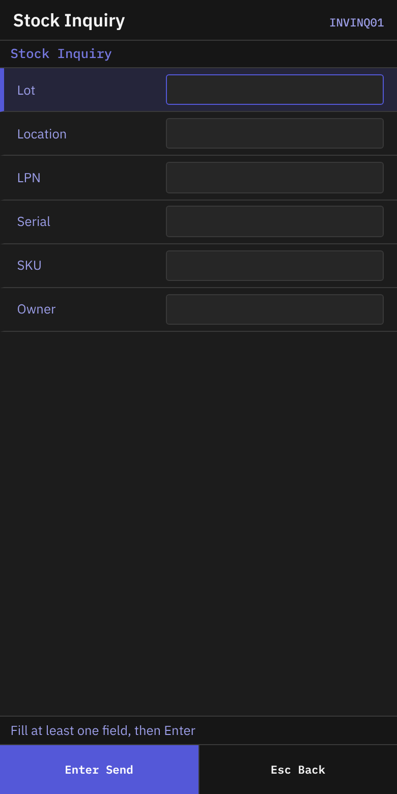 RF screen Stock Inquiry with empty search fields
