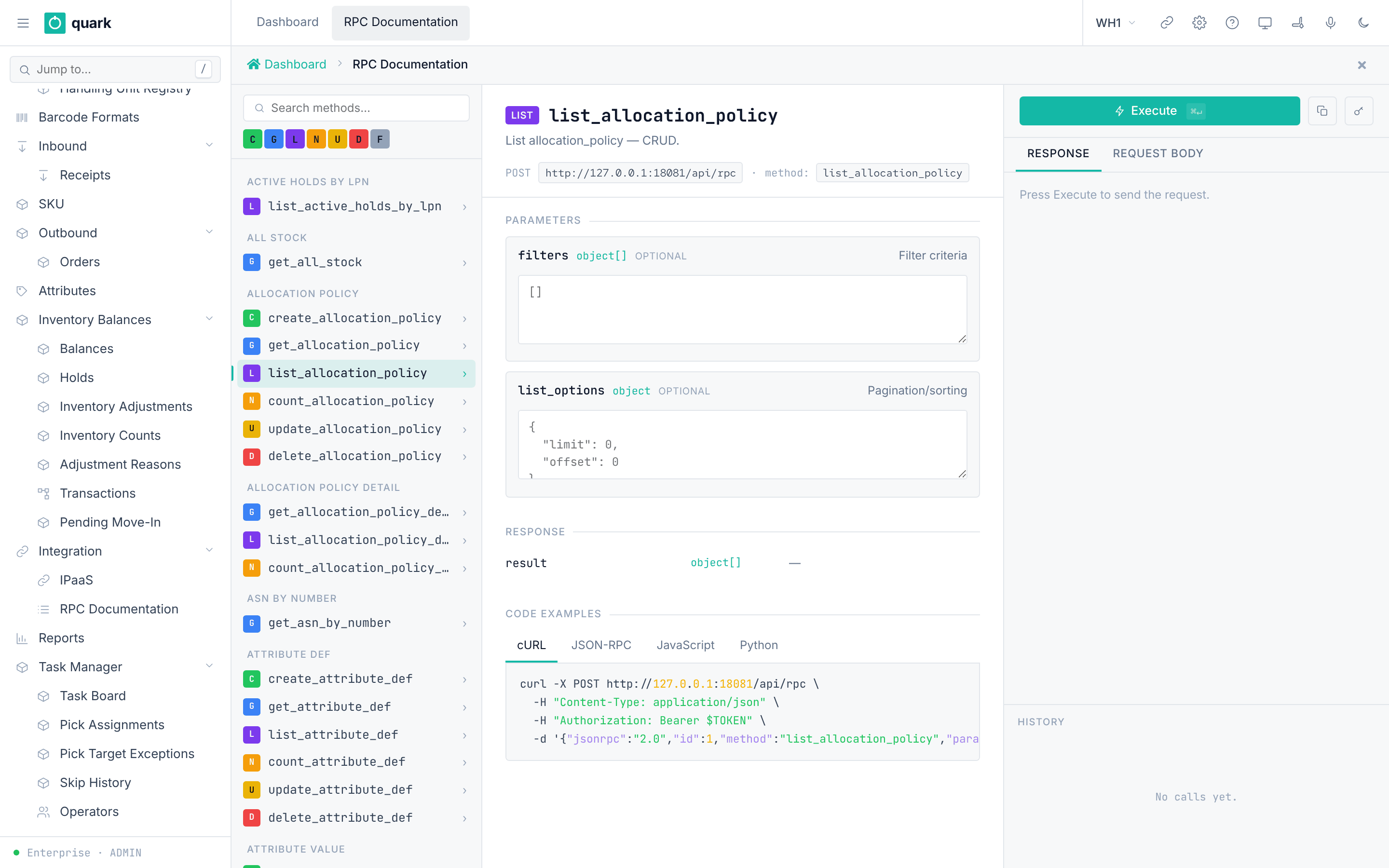 RPC Documentation page with the method list_allocation_policy selected
