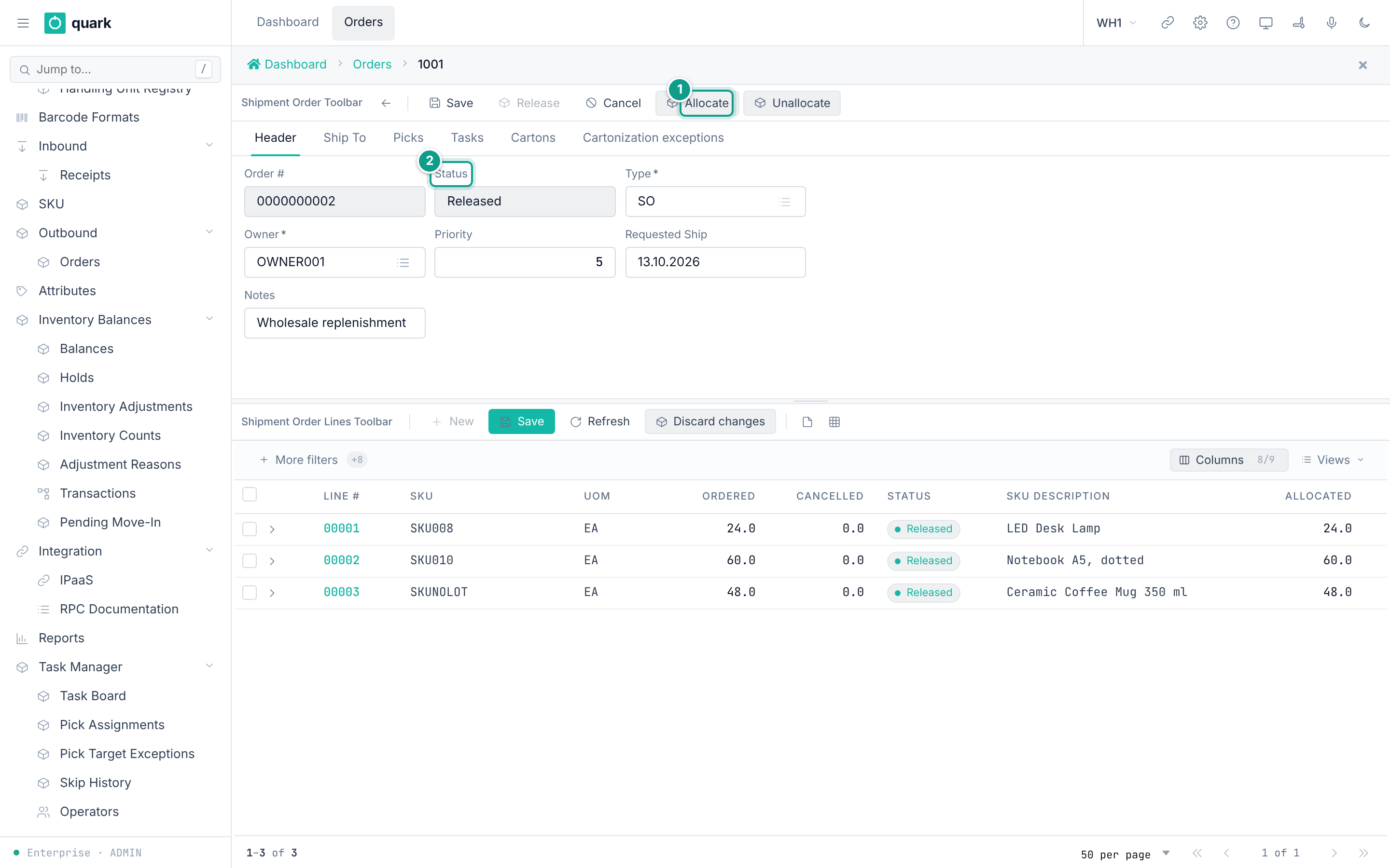 Shipment order form, Header tab, with toolbar buttons Save, Release, Cancel, Allocate and Unallocate