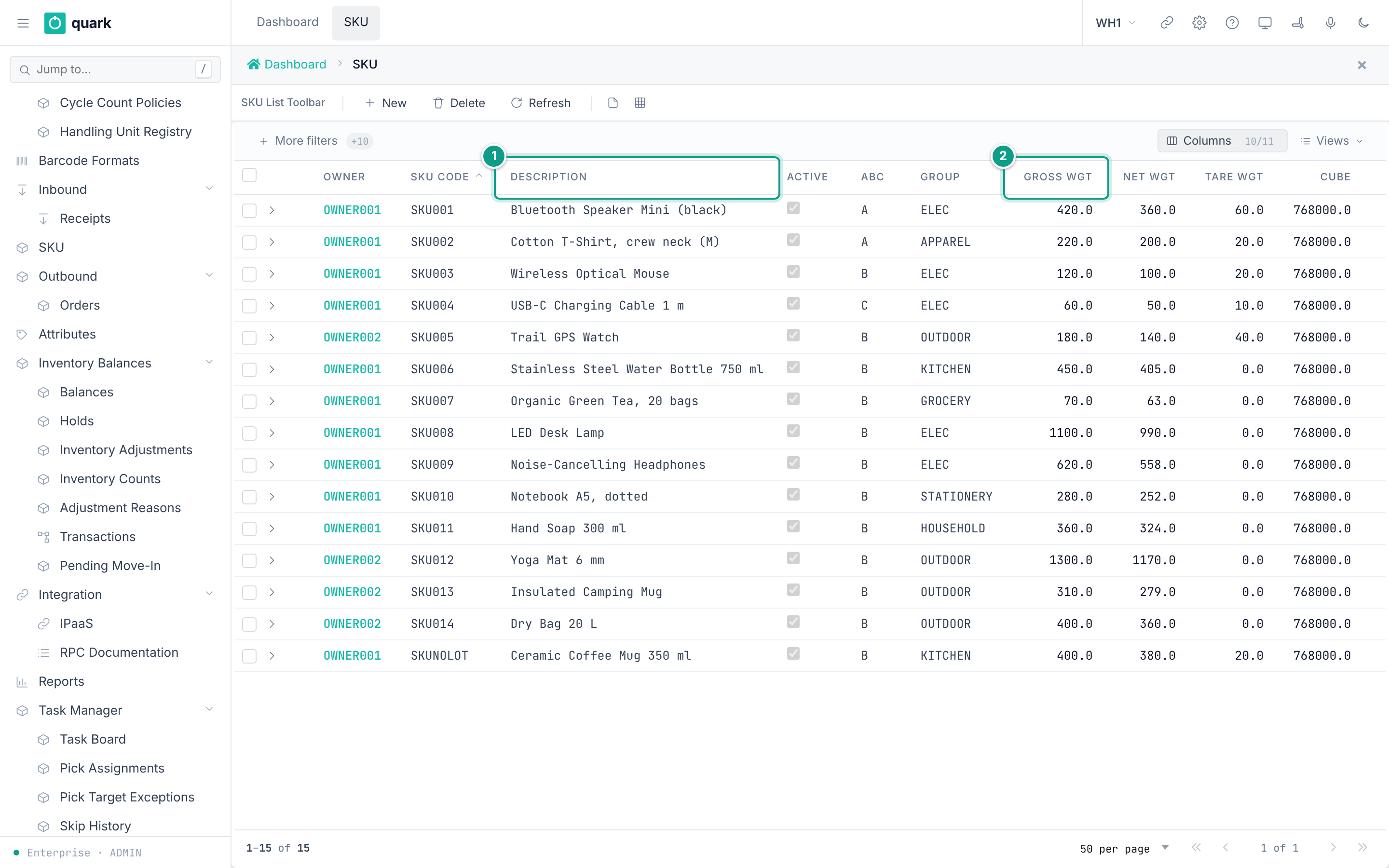 SKU list with six SKUs
