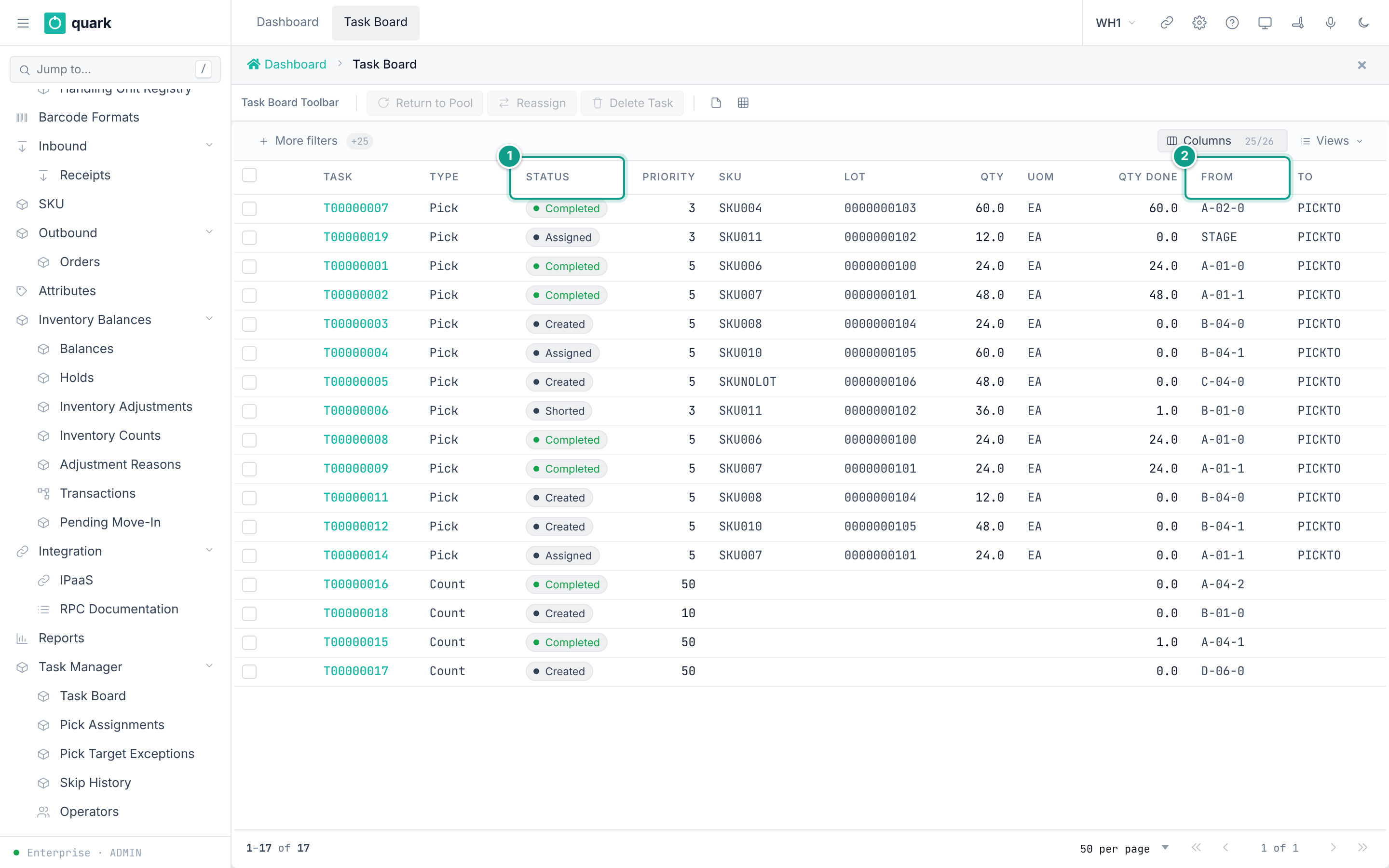 Task Board with three pick tasks in status Created